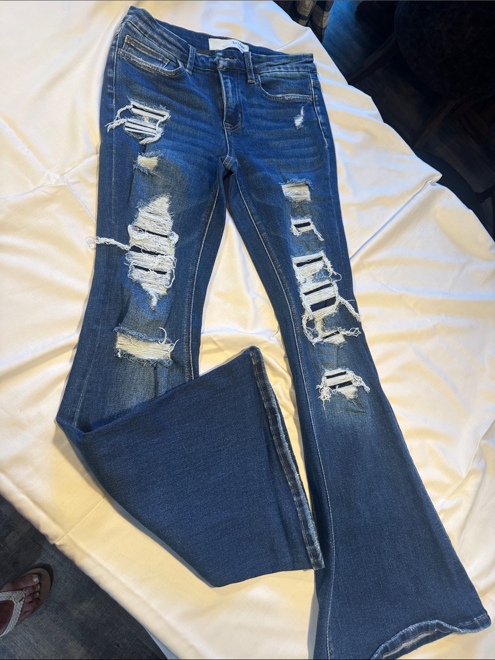 Women's Dark Blue Distressed Flare Jeans - Wide Leg Ripped Denim